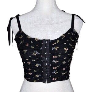 Forever 21 Floral Ruched Hook-and-Eye Corset Top Small Cropped Black Mesh
